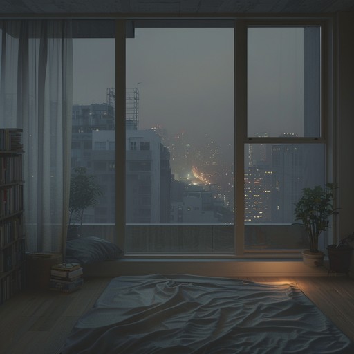 Compose an instrumental driven by gentle beats and echoing guitar that conjures feelings of melancholy intertwined with soothing nostalgia. The aim is to transport the listener to an introspective urban nightscape, perfect for silent contemplation and serene reflection.