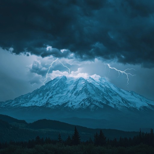 A serene musical interpretation of thunder rumbling across peaceful mountains, with a touch of haunting echo that conveys the mightiness and isolation of nature’s acoustics.