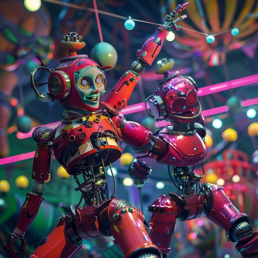 An aggressive fusion of electronic beats and carnival sounds, depicting an intense showdown between mechanical clowns in a fantastical arena. Bold synths and playful melodies drive the relentless energy.