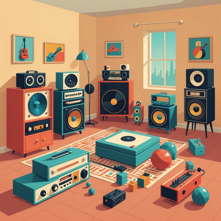 A vivid sonic recreation of a childhood room where every toy, from the wind up figures to the bouncing balls, starts vibrating in harmony to a backdrop of electronic beats, evoking joy and nostalgia.