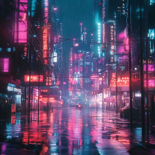 Journey through a dystopian future cityscape alive with neon lights and mystical elements, blending ethereal tones with edgy, industrial beats to create a cyber punk soundscape