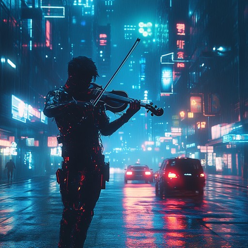 This composition merges classical symphony with electronic undertones to portray the pulse of a cyberpunk city at night.