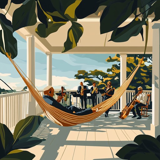 Transport yourself to a lazy, sunny afternoon on a patio, swinging gently in a hammock as smooth jazz melodies caress your senses. Gentle brass and mellow piano create a serene ambiance, perfect for unwinding.