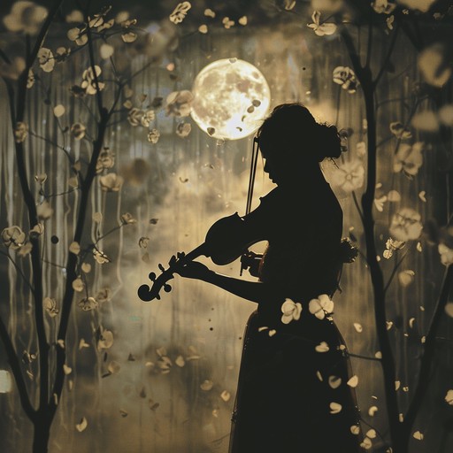 Immerse listeners in a serene night beneath blooming cherry blossoms, where soft violin whispers of romance and longing fill the air. Delicate melodies and gentle harmonies evoke magical and intimate moments, perfect for touching anime scenes under twinkling stars.