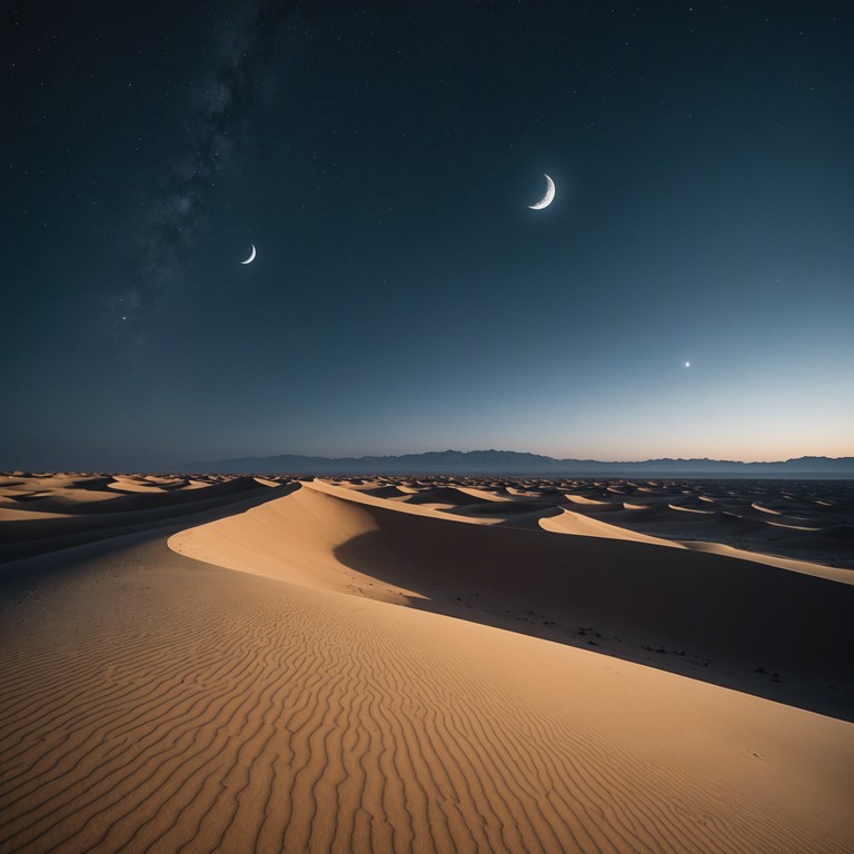 This composition blends traditional middle eastern sounds with sophisticated rhythms to evoke the majestic and mystical atmosphere of a tranquil desert night. The music paints a picture of endless sands lit by the gentle light of the moon, invoking a sense of deep contemplation and serenity