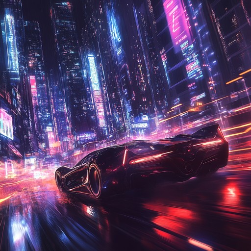 An instrumental synthwave track characterized by driving basslines, soaring synth leads, and pulsating rhythms that evoke the exhilaration of a neon lit night drive through a futuristic metropolis. The music builds intensity, capturing the energy and allure of high speed escapades beneath the city lights.