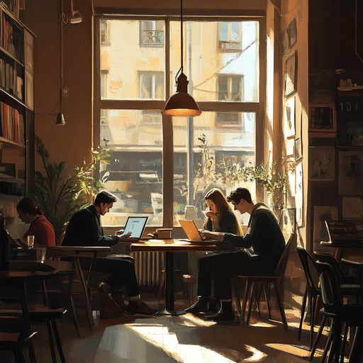 Imagine a small café during early hours, sunbeams peeking through, the guitarist sits in the corner by the window, delivering a tranquil musical backdrop that harmonizes perfectly with the quiet hum of early risers enjoying their coffee, crafting an aura of peace and introspection.