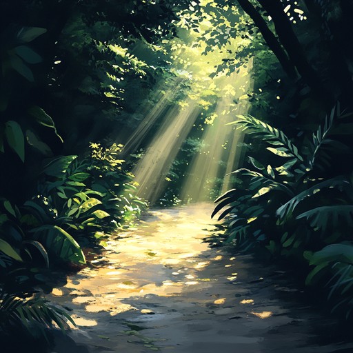 A serene composition capturing the peacefulness of dawn in a lush forest, where the soft chirping of birds blends seamlessly with the whispering wind, creating an ambience of tranquility and new beginnings.