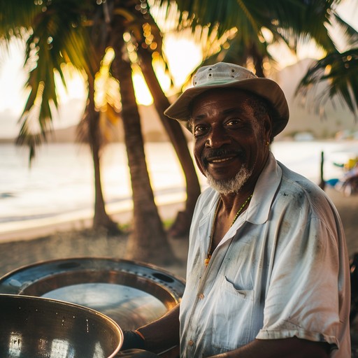 A lively steelpan melody inspired by island traditions evokes the warmth and joy of a caribbean morning, symbolizing hope and new beginnings through its infectious and cheerful rhythms.