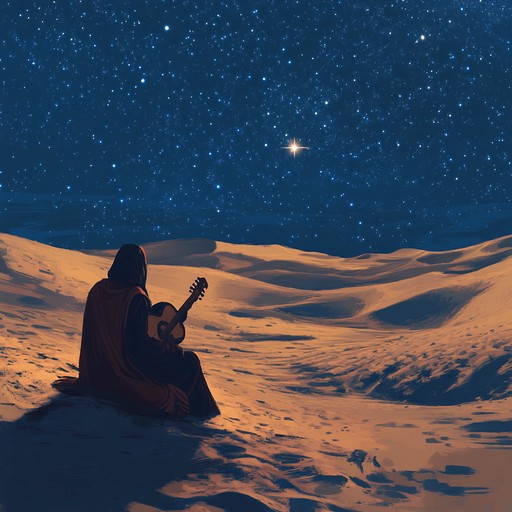 An instrumental piece that captures the mysterious beauty of the middle eastern desert at night, with haunting oud melodies evoking ancient echoes and whispers of the dunes.