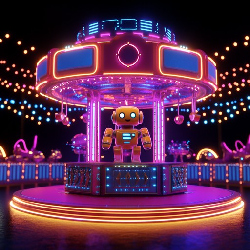 A carnival inspired electronica piece with whimsical melodies, playful beats, and colorful synth textures that evoke images of a futuristic fairground. The track features dynamic shifts to mimic the mood swings of a robotic merrymaking event, making it both engaging and entertaining.