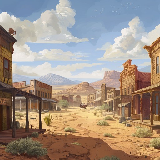 Imagine a deserted western town where two outlaws are about to face off in a high stakes guitar duel under the blazing sun. The music echoes the tension and anticipation, blending powerful strumming with haunting melodies and gritty undertones. The sound is both thrilling and melancholic, capturing the raw essence of the wild west.