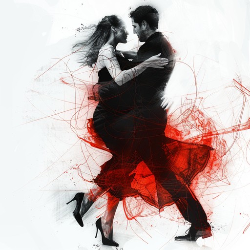 Visualize a tango floor where dancers encounter sudden, avant garde rhythmic disruptions and frenetic melodies. Traditional tango elements merge with modern chaos, creating an intense and passionate experience.