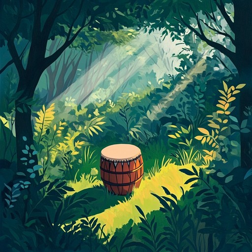 An instrumental piece combining soothing tribal drum patterns with ambient forest sounds, creating a peaceful and meditative atmosphere reminiscent of ancient times and deep connections with nature.