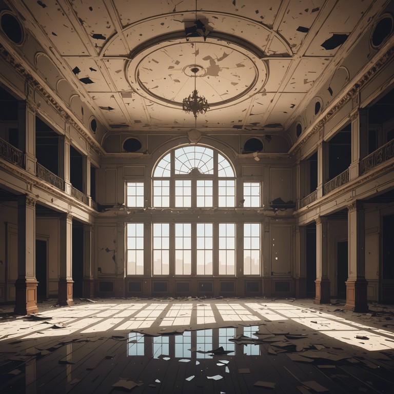 Imagine a once vibrant ballroom, now dilapidated and whispering old tales, with eerie echoes that fill the air as the glimmers of the past light dance in the dust motes.