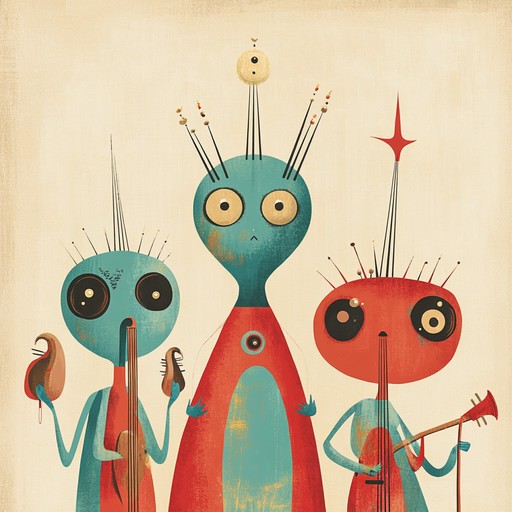 Imagine a carnival parade led by extraterrestrial characters, combining whimsical, unusual, and playful sounds to create a charmingly weird atmosphere. This instrumental track unfolds with bizarre melodies and quirky rhythms, painting a vivid scene of an otherworldly festivity. The music captures the joyful essence of a child's laughter mixed with the delightful curiosity of encountering something truly strange yet irresistibly fun.