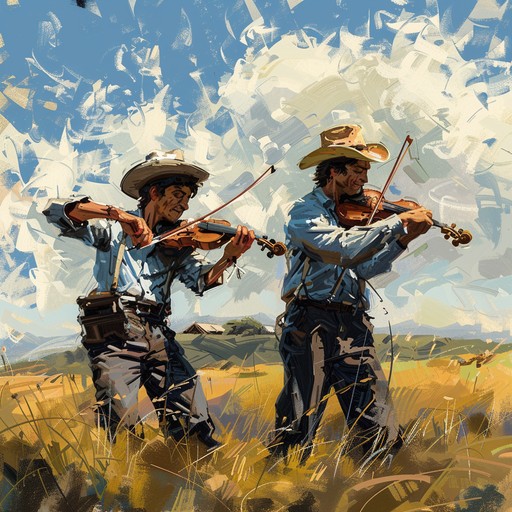 An energetic and joyful old-time fiddle hoedown featuring fast-paced, intricate fiddle melodies accompanied by steady guitar strumming and rhythmic foot stomping. Perfect for square dancing or lively celebrations.