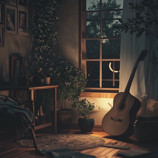 The gentle strumming of the acoustic guitar creates a warm, serene soundscape perfect for a quiet evening. The music flows like a soft breeze, enveloping the listener in a cocoon of tranquility and intimate reflection. Every note echoes with tenderness, creating an ambiance that soothes and calms the soul.