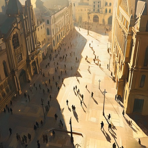 This instrumental piece radiates warmth and joy, capturing the bustling yet inviting ambiance of a sunlit city square in a broadway setting. The melody revolves around lively piano and warm brass sections, evoking scenes of community, discovery, and heartfelt moments shared among city dwellers. The dynamic shifts between gentle passages and more animated segments, reflecting the energy and emotional undercurrents of urban life.