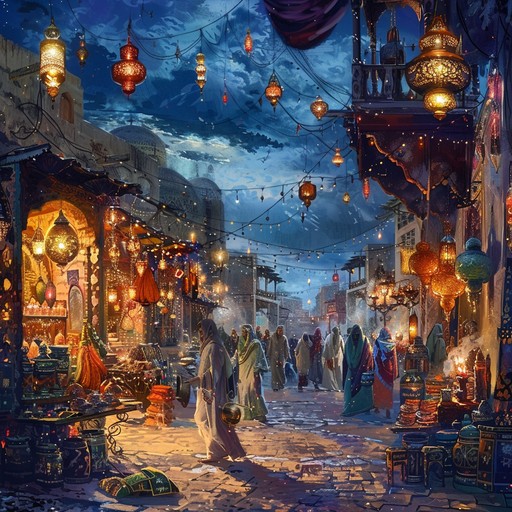 The scent of exotic spices and incense fills the air as a lively arabian melody rings out, with intricate string flourishes and driving percussion. Dancers whirl to the infectious rhythms while merchants call out their wares, adding to the vibrant atmosphere of the evening bazaar.