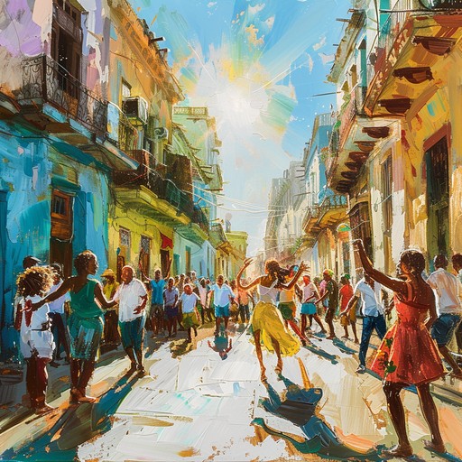 An invigorating blend of traditional rumba rhythms with modern, vibrant melodies, evoking the lively atmosphere of a summer day in havana. The instrumentals gradually build, creating a sense of heartwarming hope and timeless celebration through intricate percussive patterns and melodic interplay.