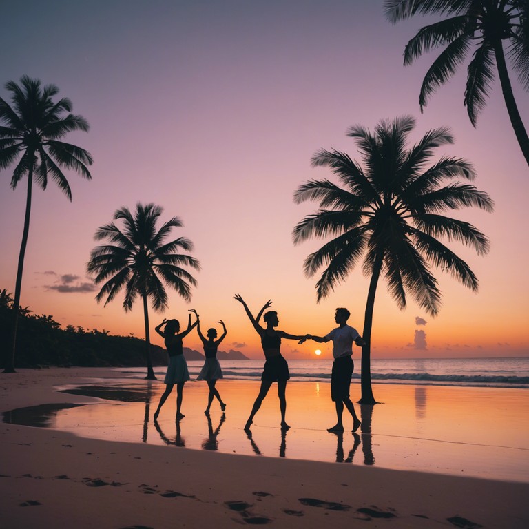 Imagine a soft, sandy beach as the sun sets, casting an orange glow over a small, lively gathering of dancers moving rhythmically to a vibrant salsa tune. This piece captures the essence of a perfect tropical evening, filled with warmth and the soothing sounds of waves paired with energetic salsa beats.