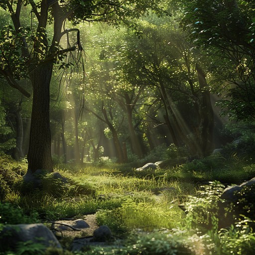 Immerse in the serenity of an ancient forest, capturing the delicate sounds of nature's whispers intertwined with traditional melodies. Ideal for relaxing, meditative moments.