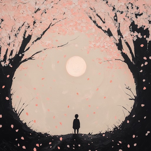 An instrumental track featuring gentle, tender melodies inspired by anime soundtracks, capturing the softness of cherry blossoms falling under a moonlit sky, evoking feelings of nostalgia, serenity, and gentle emotions