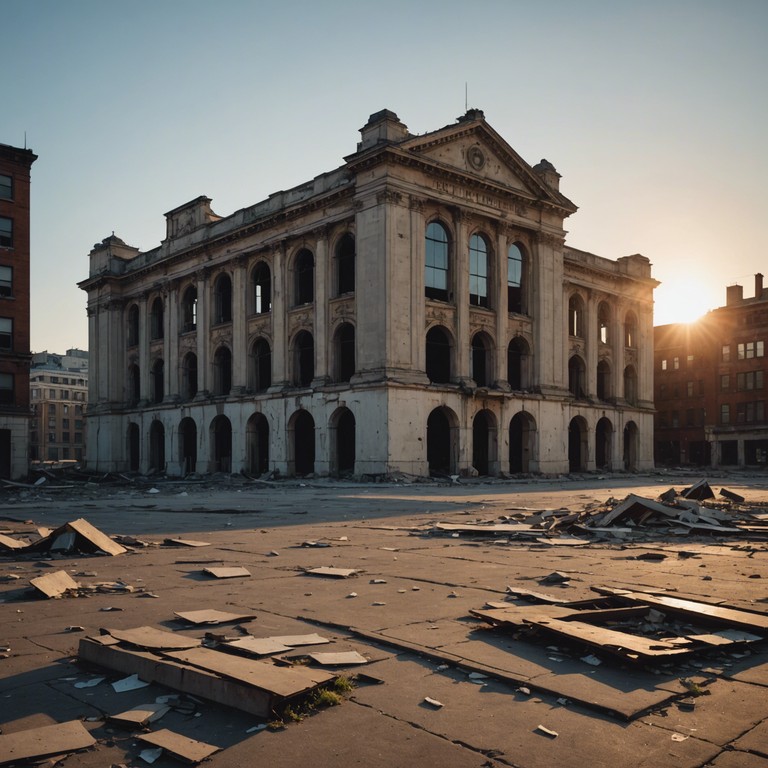 In a post apocalyptic setting, an opera's ghostly echoes survive amidst industrial decay, performed with a gritty intensity on a violin, capturing both the despair of a crumbled society and the enduring beauty of artistic expression.