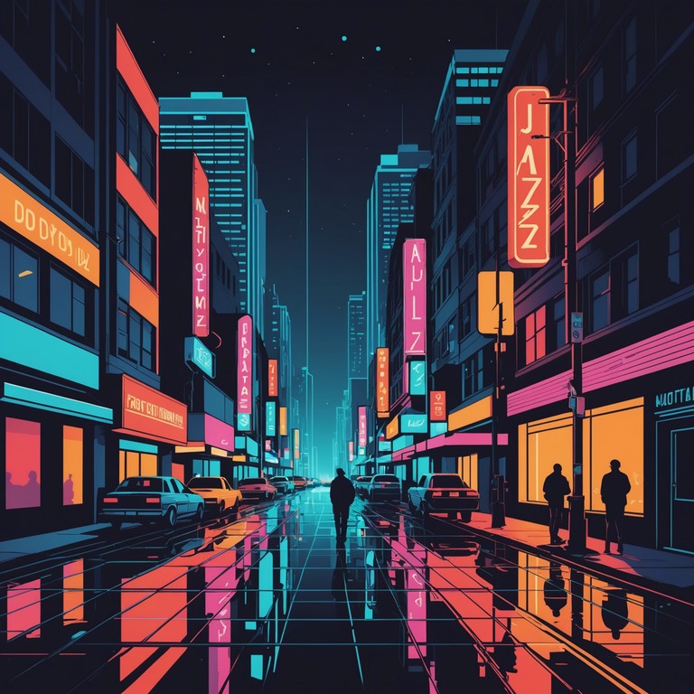 Experience a meld of deep bass lines, punchy brass, and a neon glow reflecting off rain slicked streets. The music embodies the duality of energetic dances in quiet nights, blending urges of joyful expression with ambient city sounds.