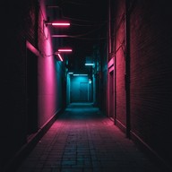 neon signs flicker over shadowed alleys