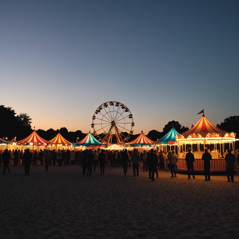 Imagine a late night walk through a closing carnival, where the lights dim and the crowd thins, leaving a serene blend of ambient music played on a vibraphone, creating a mellow, peaceful soundtrack to end the day.