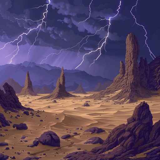 An explosive blend of tribal percussion and powerful electric guitar, encapsulating the raw energy of a desert storm. Complex rhythms intertwine with hard hitting riffs, creating an immersive auditory experience.