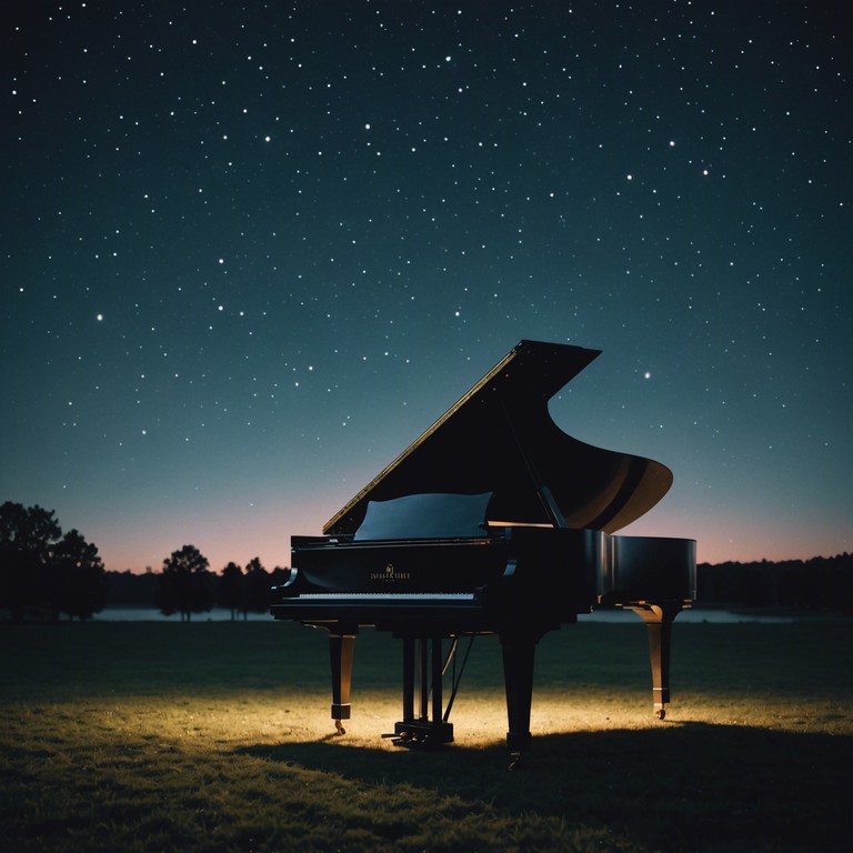 Imagine a dark, theatrical cabaret stage, with soft piano chords playing under a canopy of stars. The atmosphere is thick with mystery and introspection, as shadows dance quietly in the corners of the room. The audience is hushed, savoring the blend of darkness and the gentle, persuasive melody that invites a deep, contemplative mood.