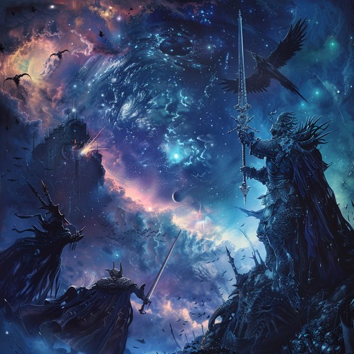 Imagine a grandiose battle between celestial armies, with soaring guitar melodies, thunderous drums, and majestic orchestral elements. The music ebbs and flows like the tides of war, building to a triumphant climax as the victor claims the celestial throne.