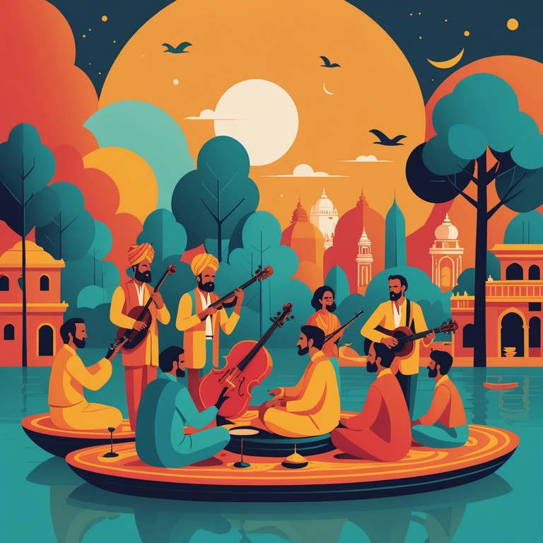 Imagine a crowded festival in banaras with musicians playing sitar energetically among dancers and colorful decorations. This alternative track still promises playful and euphoric emotions steered by rapid sitar tunes, encapsulating the festive atmosphere and cultural richness.