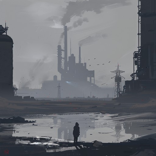 A hauntingly atmospheric instrumental track that evokes images of a desolate, post-apocalyptic world. The music builds tension through deep, ominous drones, unsettling sound effects, and sparse, haunting melodies. The overall mood is one of despair, isolation, and impending danger, as if the listener is traversing a vast, ruined landscape filled with unknown threats.