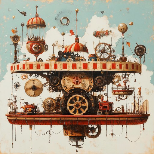 A lively instrumental featuring mechanical sounds and melodies, evoking a whimsical merry go round in a steampunk setting.