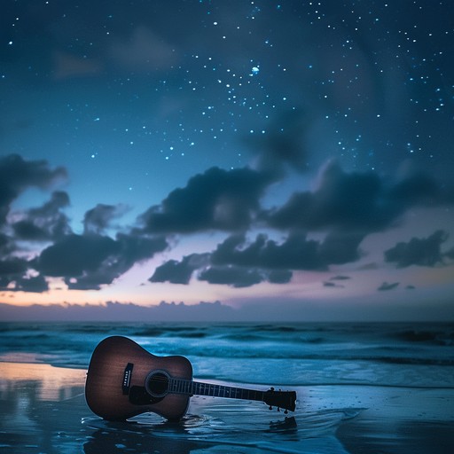 An immersive bossa nova piece with gentle guitar strumming and soft rhythms, reflecting a mirage of moonlit whispers and hidden secrets. This composition evokes a serene yet mysterious night setting by the beach, wrapped in the gentle lullaby of the waves.