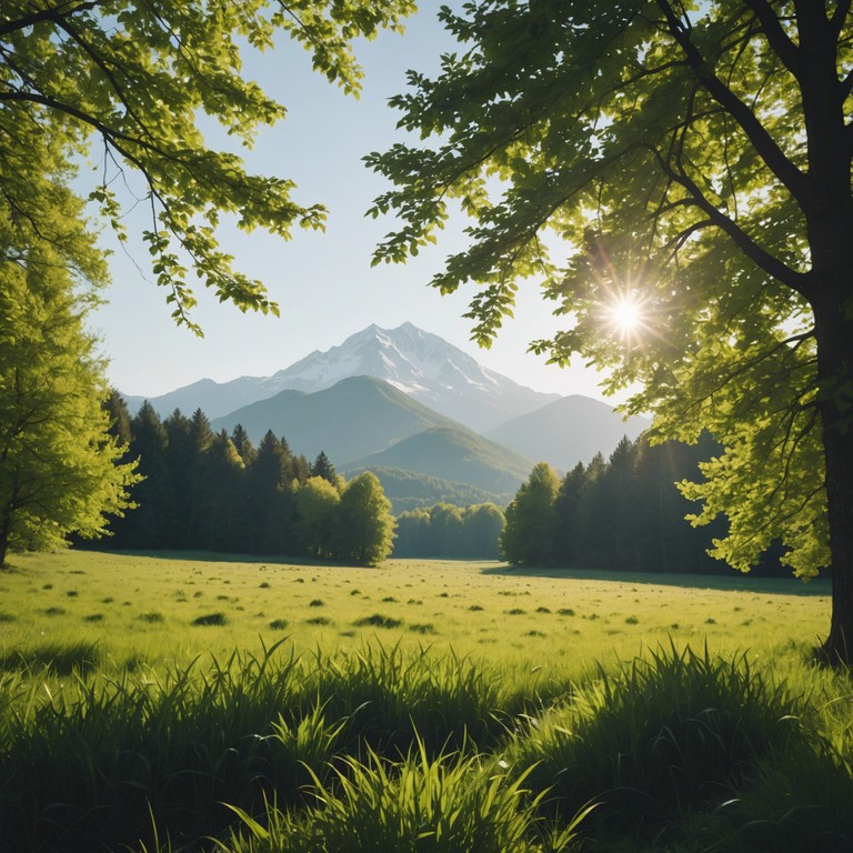 Imagine a serene landscape, where the gentle strumming of a banjo intertwines with the sounds of nature, creating a soothing ambiance that carries you away to a place of peace and tranquility. The music captures the essence of a sunny afternoon in a vast, verdant meadow, with soft wind in the trees and distant bird calls.