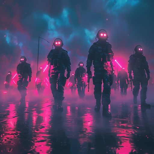 An intense instrumental track with pulsing synths and heavy percussions, mimicking the sounds of a futuristic military engagement. The composition layers industrial noise and robotic rhythms, creating a sense of urgency and conflict, transporting the listener to a battlefield dominated by advanced technologies and cyber warfare.