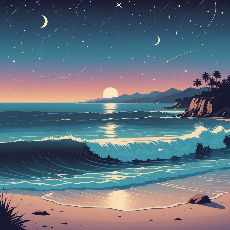 A serene composition blending soft synthetic beats with the gentle sounds of ocean waves, perfect for moments of deep relaxation or meditation. The calming arrangement flows like the gentle tides of a secluded beach at night, wrapped under a canopy of stars.