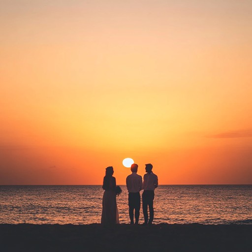 Picture a colorful summer evening on a lively island beach. As the sun dips below the horizon, energetic steel drums and guitars join with festive percussion and maracas, creating a spirited atmosphere for a beach celebration. The sound of crashing waves enhances the scene, providing the perfect soundtrack for a beach party