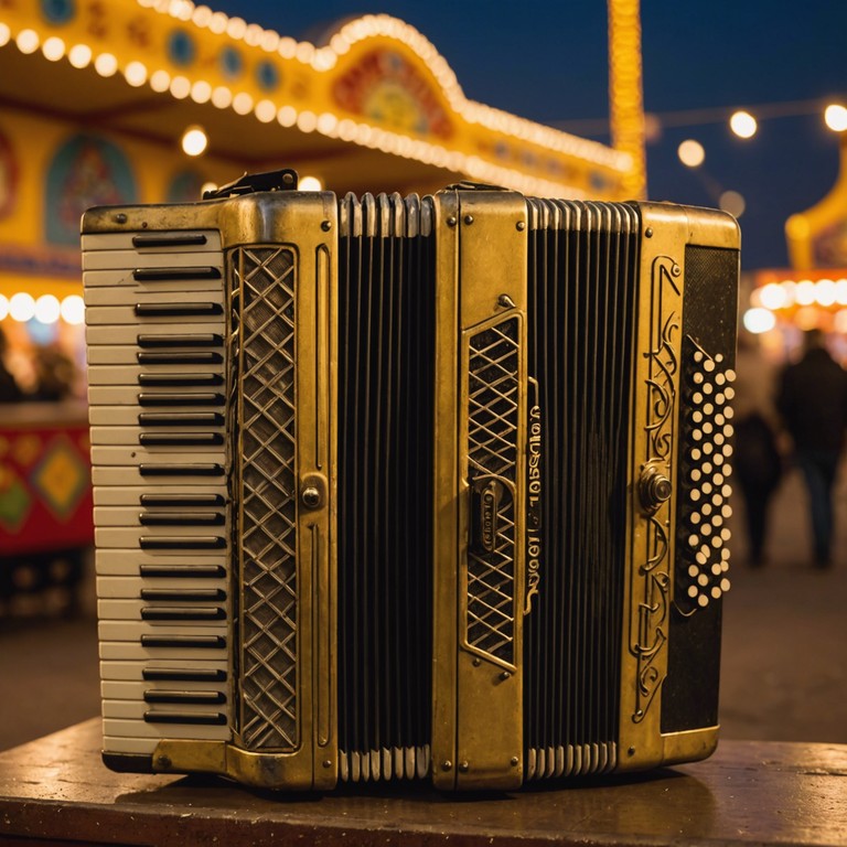 As night falls over the vibrant carnival, the accordion's tender serenade offers a contrasting serenity to the festive uproar, evoking a sweet, reflective atmosphere that invites listeners to pause and soak in the beauty of gentle nostalgia.