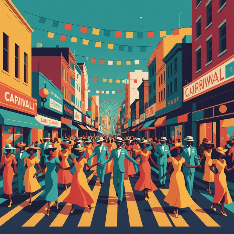 This composition utilizes vibrant sambas rhythms intertwined with festive whistles and cheers to evoke the spirit of a lively summer carnival. The music embodies the energy and joy of dancing through colorful streets during a celebration. Trumpet and drum interplays add a lively characteristic that feels like the heartbeat of the carnival.