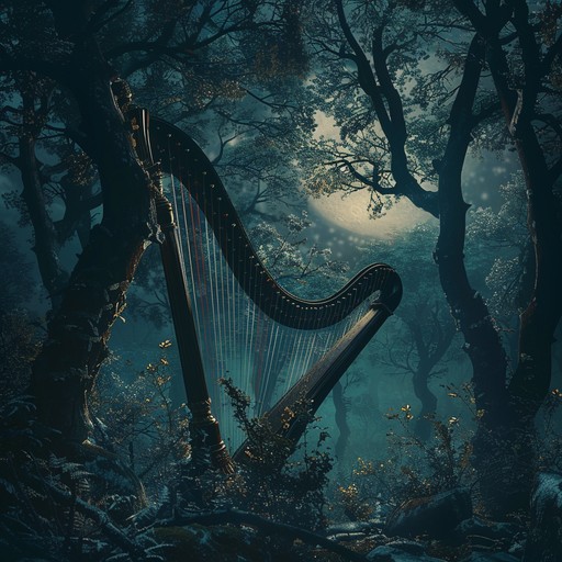 Step into an enchanted forest where the moonlight filters through ancient trees, casting a magical glow over the scene. The air is filled with an ethereal melody, played delicately on a harp, inviting listeners to dance and lose themselves in the mystique of the moment.