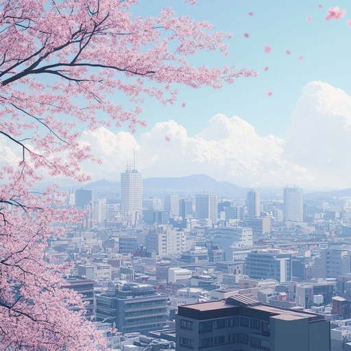 A mellow instrumental track that brings the feeling of a tranquil spring day in a japanese urban park, inspired by the sight and sound of cherry blossoms and gentle breezes, with melodic piano and ambient sounds.