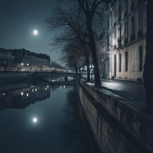 A composition that captures the essence of a romantic evening stroll through paris, reflecting the subtle beauty of the moon's reflection on the seine, accompanied by the distant murmur of a bustling city settling down for the night. The music embodies the gentle whisper of lovers' conversations mingled with the soft rustle of autumn leaves.