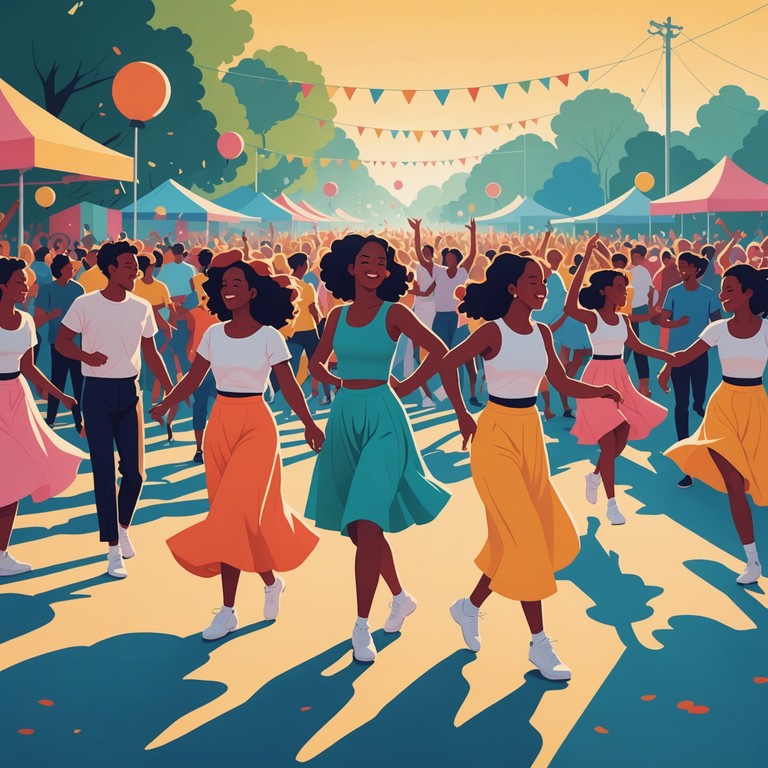 A musical representation of greeting the early sun with lively dancing and happiness, where every beat feels like a burst of sunshine on a perfect summer day.