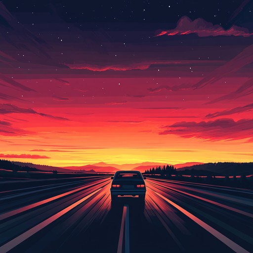 An instrumental soft rock track featuring energizing guitar riffs and dynamic rhythms, capturing the exhilarating feeling of driving along the highway as the sun sets, painting the sky with vibrant hues. The melody evokes a sense of freedom, adventure, and anticipation for what lies ahead.